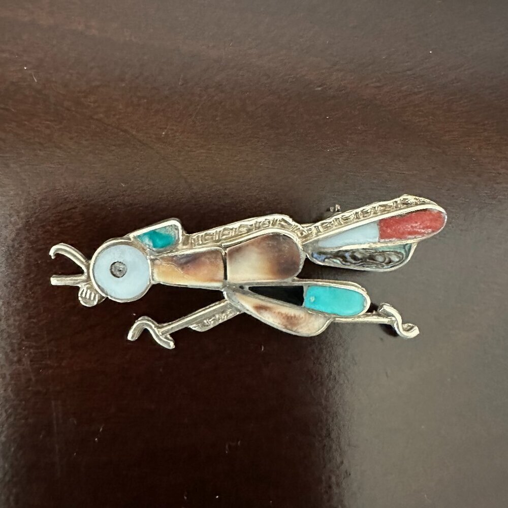 Zuni Brooch/Pendant Roadrunner Multi Stone Inlay Sterling Silver Vintage